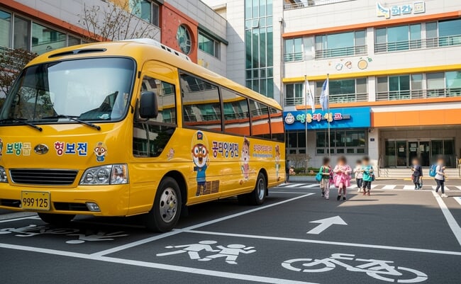 Outdoor,Photo,Of,Korea,Kindergarten,,School,Bus,In,Front,Of