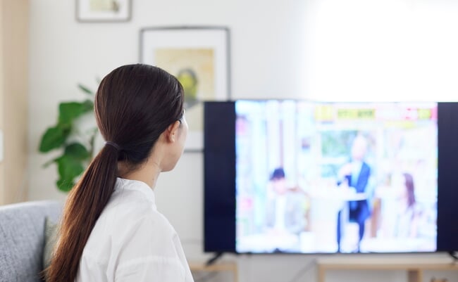 Back,View,Of,A,Japanese,Woman,Watching,Tv,In,The