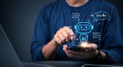 Man,Hand,Holding,Mobile,Phone,Showing,Ai,Chatbot,Interface.,Concept