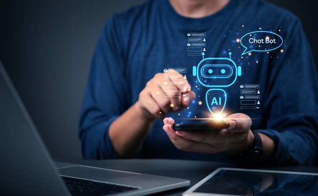 Man,Hand,Holding,Mobile,Phone,Showing,Ai,Chatbot,Interface.,Concept