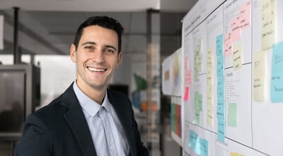 Happy,Handsome,Young,Executive,Man,Standing,At,Kanban,Board,,Looking