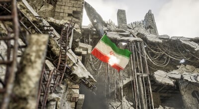 Iran,Flag,In,War,And,Disaster,Ruins