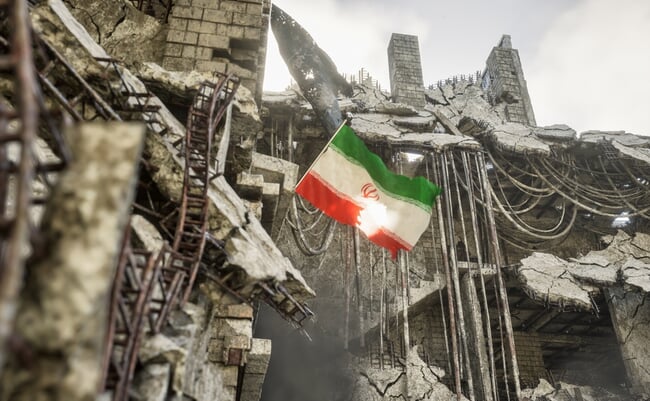 Iran,Flag,In,War,And,Disaster,Ruins