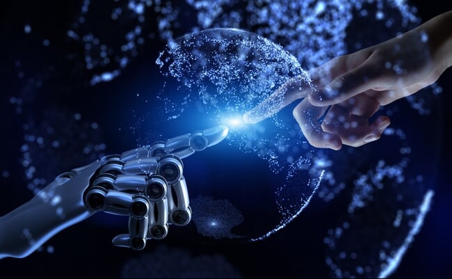 Human,And,Robotic,Hand,Connection,Symbolizing,Digital,Transformation,And,Ai