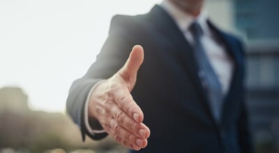 Businessman,,Hand,And,Greeting,Gesture,Outside,For,Deal,With,Partnership