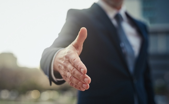Businessman,,Hand,And,Greeting,Gesture,Outside,For,Deal,With,Partnership