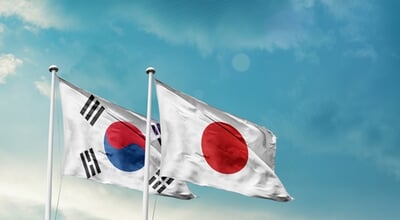 South,Korea,Japan,Friendship,Flags,Are,Waving,In,The,Sky.