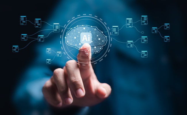 Ai,Tech,Concept,,Businessman,Touching,To,Virtual,Ai,Brain,Icon