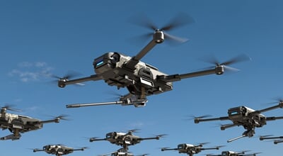 Armed,Drones,Are,Moving,Towards,The,Battlefield,,Futuristic,Aerial,Attack