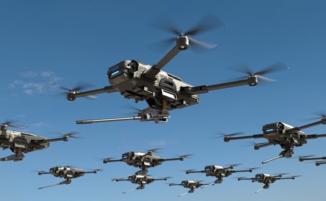 Armed,Drones,Are,Moving,Towards,The,Battlefield,,Futuristic,Aerial,Attack