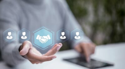 Business,Person,Presenting,Digital,Partnership,Concept,With,Handshake,Icon,And