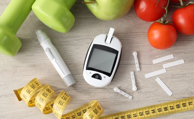 Diabetes.,Digital,Glucometer,,Test,Strips,,Measuring,Tape,,Lancet,Pen,,Food