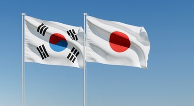 Wavy,South,Korea,And,Japan,Flags,And,Clear,Blue,Sky