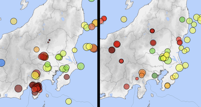 image by: 気象庁「震度データベース検索」(左:1930-1931 右:2025-2026)
