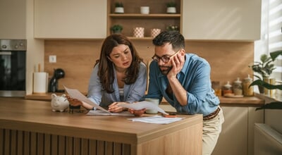 Young,Couple,In,Their,Kitchen,Reviewing,Important,Bills,And,Documents,