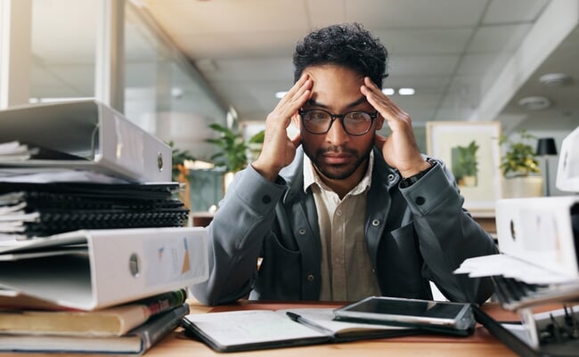 Stress,,Workload,And,Businessman,In,Office,With,Fatigue,,Burnout,And