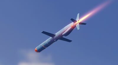 A,Combat,Rocket,Is,Flying,In,A,Blue,Sky.,Concept: