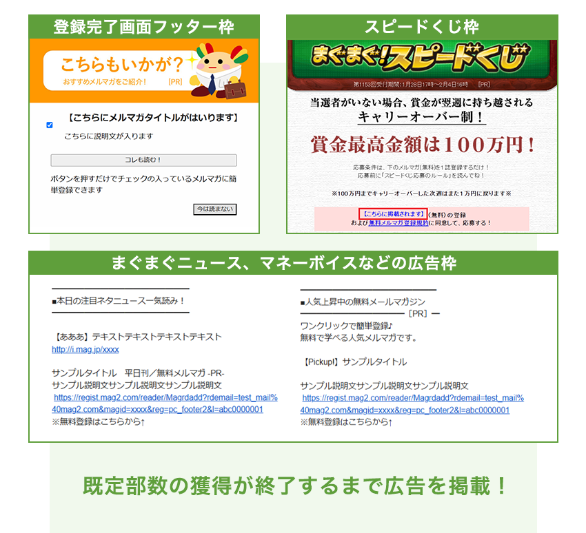 ”登録画面完了枠、スピードくじ枠、まぐまぐニュース・マネーボイスなどの広告枠”